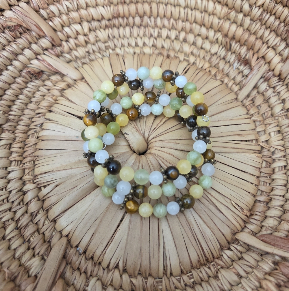 Multicolor Jade & Tiger Eye Beaded Wrap Bracelet Boho Fairy Southwestern Artisan